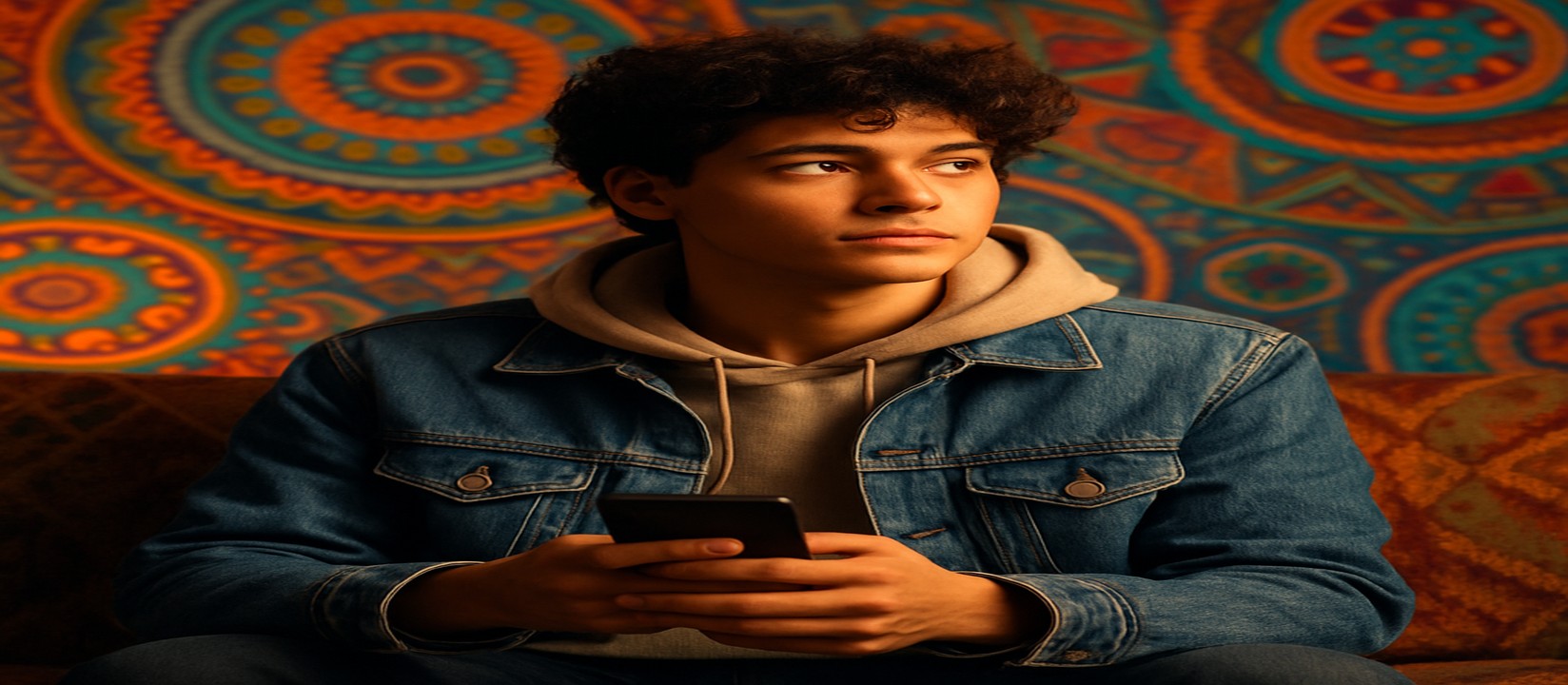 সোফায় আরাম করে বসে স্মার্টফোনে tk99 অ্যাপ ব্যবহার করছেন একজন ব্যক্তি