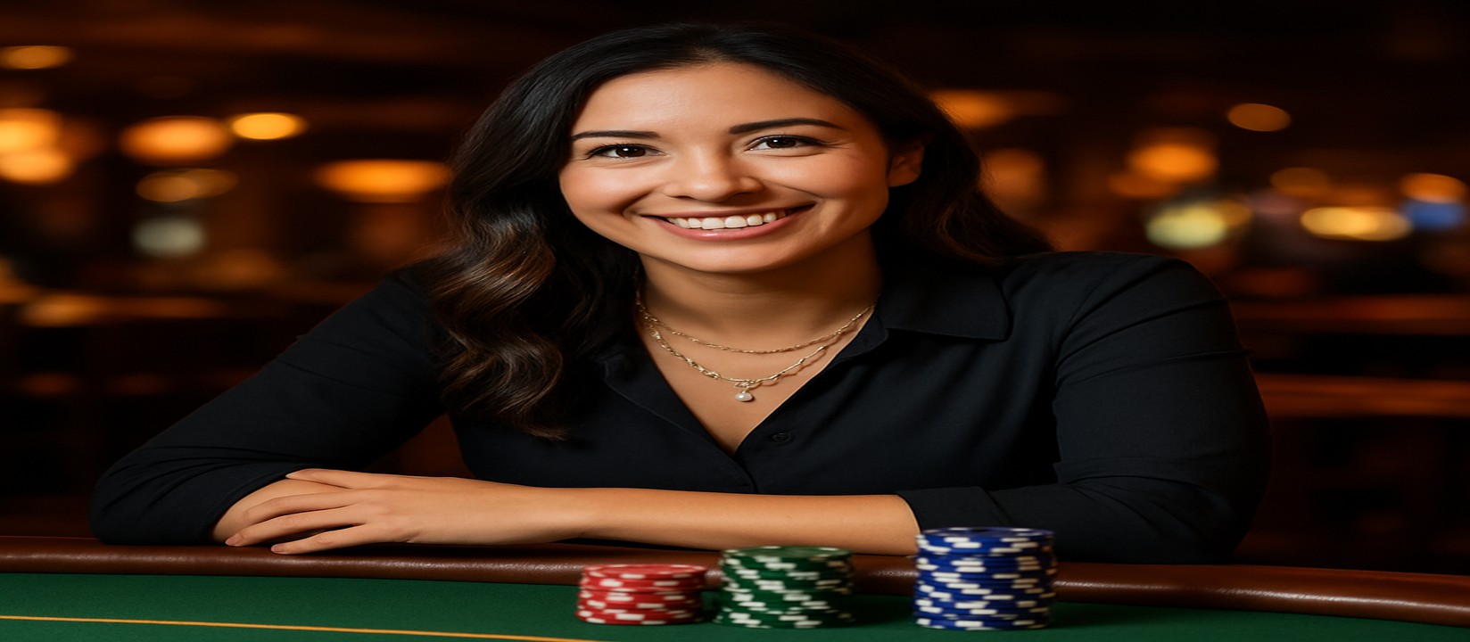 tk99 গেমিং প্ল্যাটফর্মে একটি হাসিখুশি নারী কার্ড টেবিলে বসে সামনে রাখা টোকেন ও কার্ডসহ বিস্তৃত খেলার পছন্দসমূহ প্রস্তাব করেন।