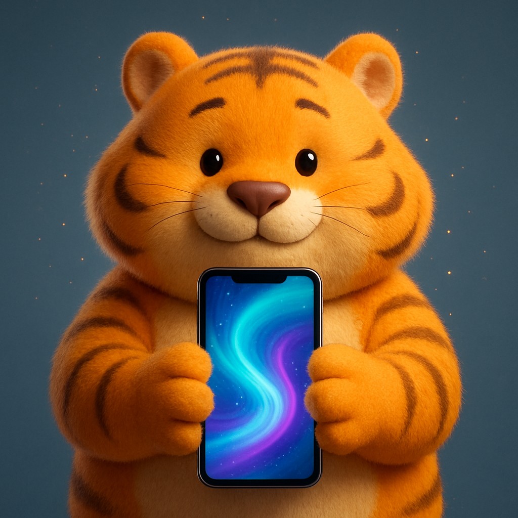 স্মার্টফোনে tk99 অ্যাপটি চালাচ্ছে এমন একটি কার্টুন বাঘশাবক