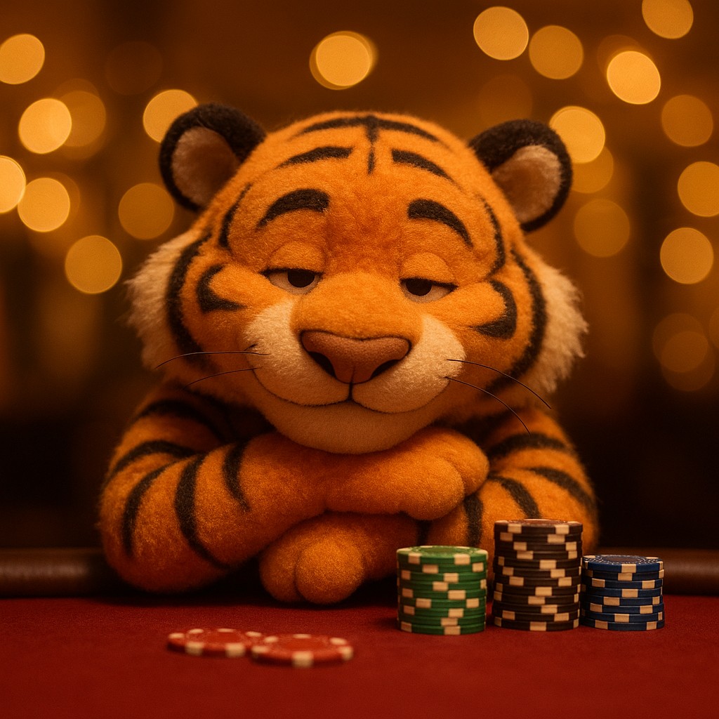 tk99 গেমিং প্ল্যাটফর্মে খেলার টেবিলে হাসিখুশি টাইগার শাবক