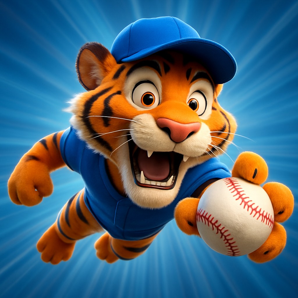 tk99 ক্রিকেট গেমিংয়ের প্রতীকের মতো, ইউনিফর্ম পরা হাতে বল ধরেছে এক উল্লাসিত টাইগার শাবক