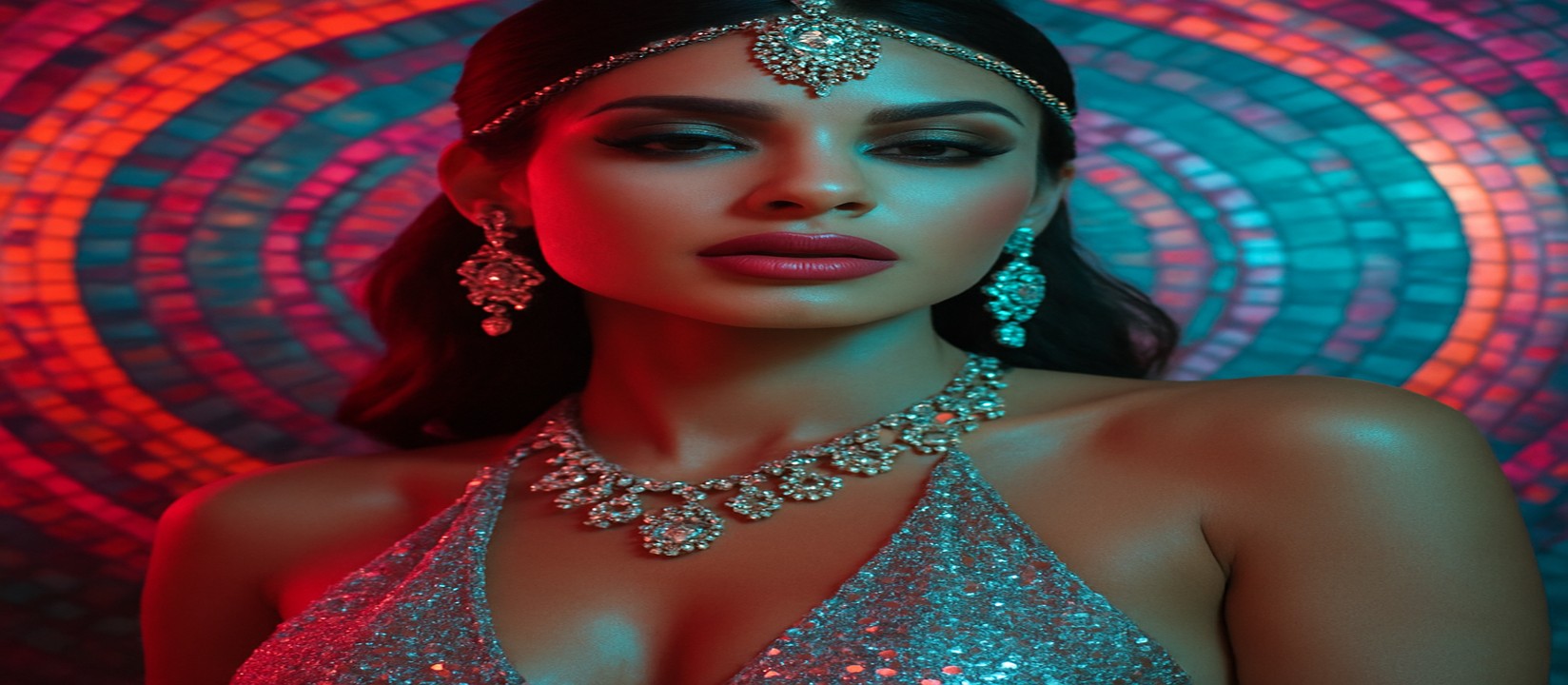 রঙিন গেমিং প্ল্যাটফর্মটির সামনে উজ্জ্বল পোশাকে থাকা একজন নারী