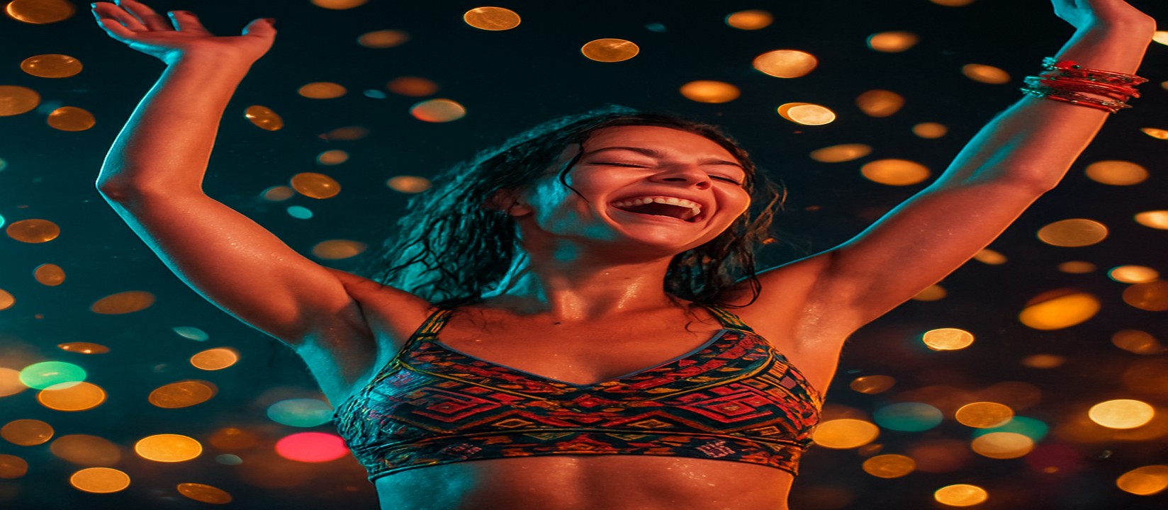 মুদ্রার ঝরনার মাঝে থাকা একজন নারী, রঙিন পোশাকে